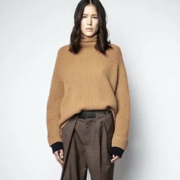 Zadig & Voltaire SMALL Eloi cashmere turtleneck knit sweater in cognac brown - Picture 2 of 6